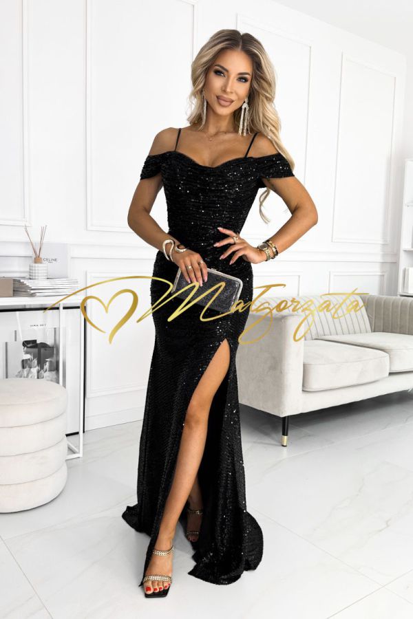 Daniela  - sukienka cekinowa z opadającymi ramionami z trenem czarna