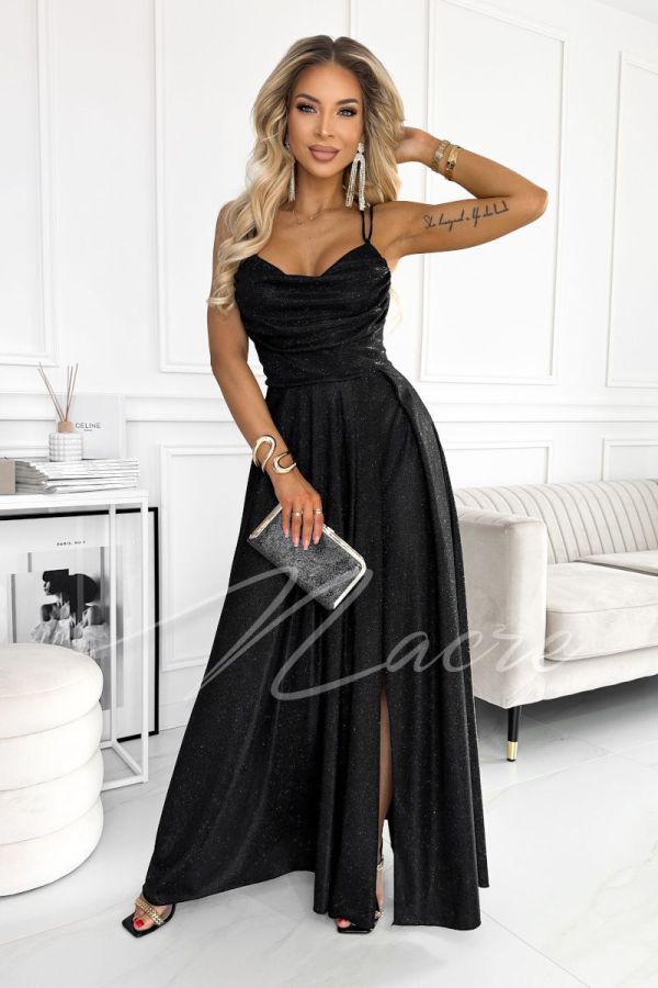Black flared brocade maxi dress with water neckline - Neves