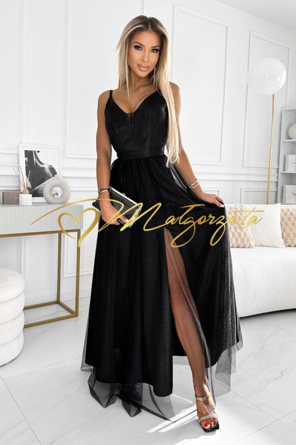 Chantal - sukienka tiulowa długa na cienkich ramiączkach czarna