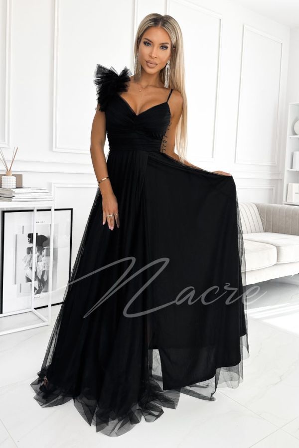 Black long tulle flared dress for wedding - Freya