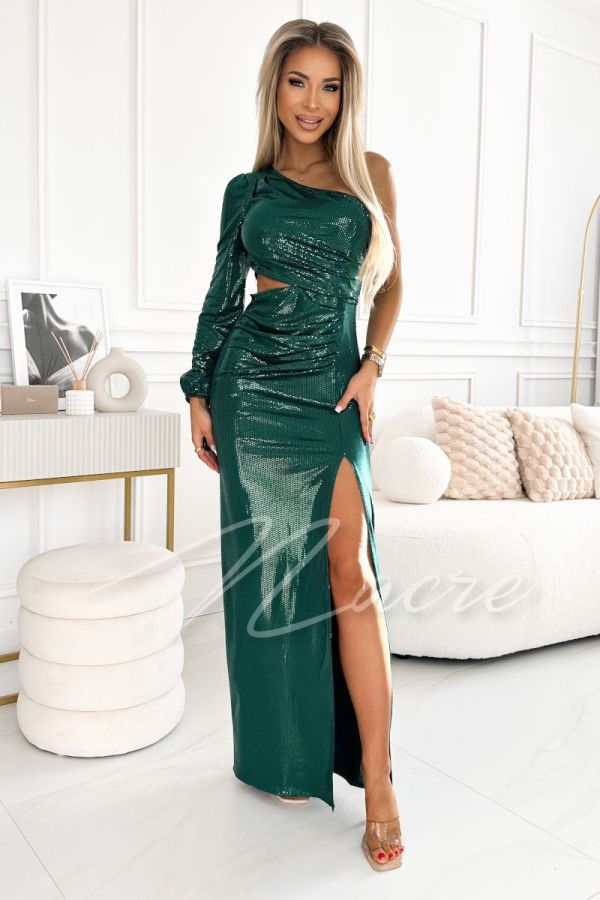 Dark green shiny one shoulder dress with striking slit - Rose