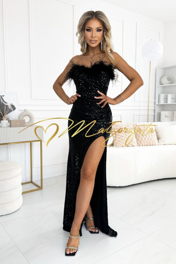 Milena - sukienka cekinowa z piórami czarna