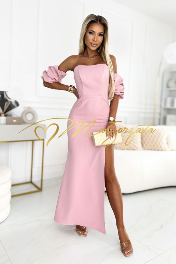 Adeline -  sukienka gorsetowa maxi z bufiastymi rękawkami różowa