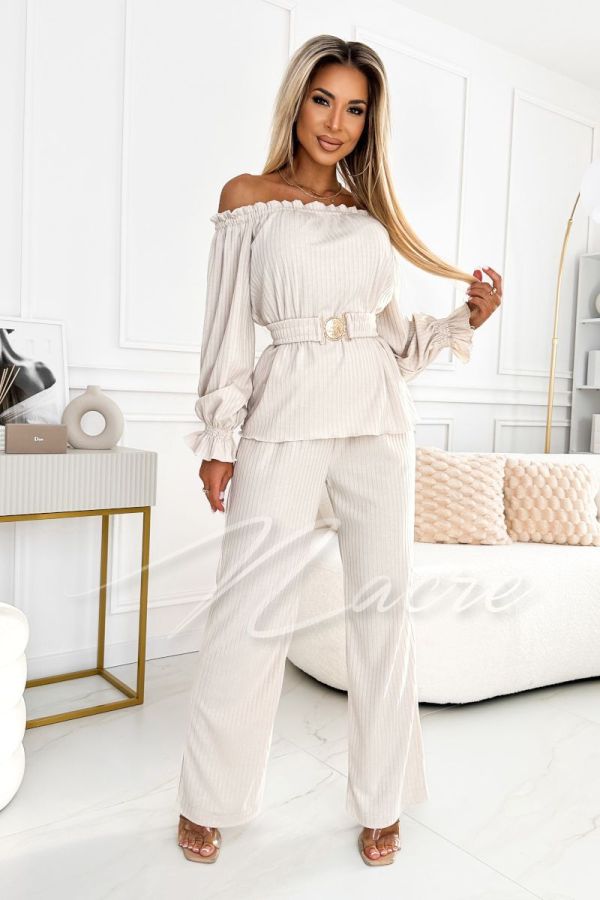 Felicia - women's striped knit set with spangled blouse beige