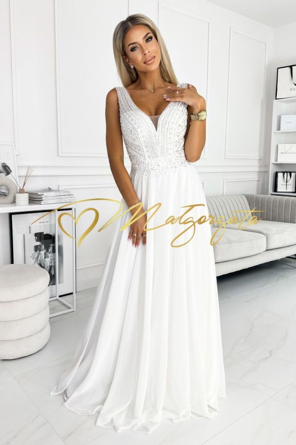 Emanuel - suknia ślubna szyfonowa z cyrkoniami długa biała