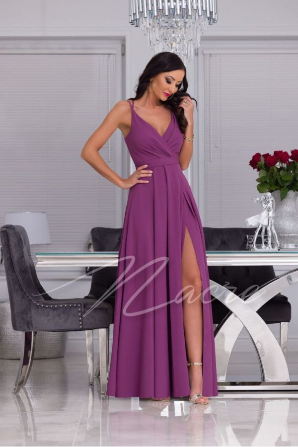 Purple long brocade dress on thin straps with envelope neckline - Julia